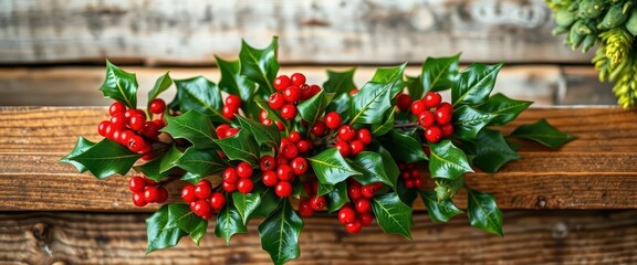 Obraz premium A vibrant holly sprig with glistening red berries nestled in a rustic wooden mantelpiece cozy, green, decoration