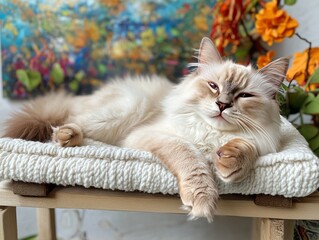 Obraz premium Cozy Ragdoll Cat Nap: A Fluffy Feline Enjoys Sweet Dreams on a Soft Bed with Colorful Floral Backdrop, Showcasing Relaxation and Serenity in a Pet Portrait.