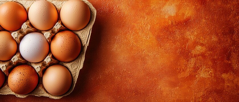 Six brown eggs nestled in carton against warm terracotta backdrop for national egg day - Powered by Adobe