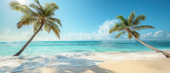 Fototapeta premium Tropical beach relaxation with leaning palm trees under clear blue sky