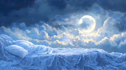 Dreamy nighttime scene featuring peaceful slumber, soft blue hues, gentle moonbeams, and delicate lace fabrics, conveying relaxation and calmness. moonbeam. illustration. Moonbeam Cloth. Illustration