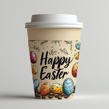 Easter paper cup of coffee. Easter at the coffee shop. A social post for a coffee shop on Easter.