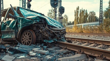 A wrecked car lies near railway tracks, showcasing the aftermath of a collision, with damaged metal and debris scattered around.