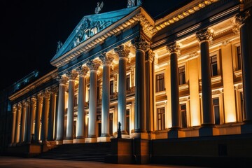 Fototapeta premium Government building illuminated at night showcasing classical architecture and dramatic shadows in a vibrant urban setting