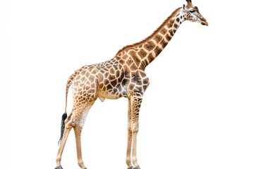 Fototapeta premium A graceful giraffe standing in isolation, set against a stark white background, showcasing its towering beauty.