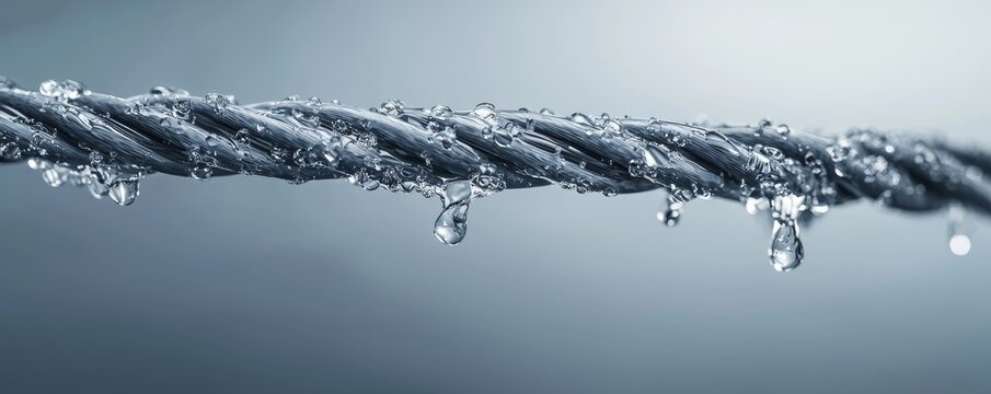 Close-up of a steel cable with water droplets, showcasing strength and resilience.