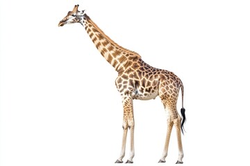 Naklejka premium A graceful giraffe standing in isolation, set against a stark white background, showcasing its towering beauty.