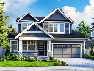 Beautiful house with gray walls and white trim, front view, blue sky, green lawn in the yard, luxury home exterior, residential architecture stock photo, high-resolution image, high quality