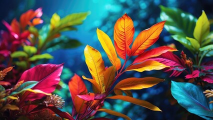 A vibrant composition of tropical leaves in shades of yellow, orange, and red, set against a soft, blurred blue background