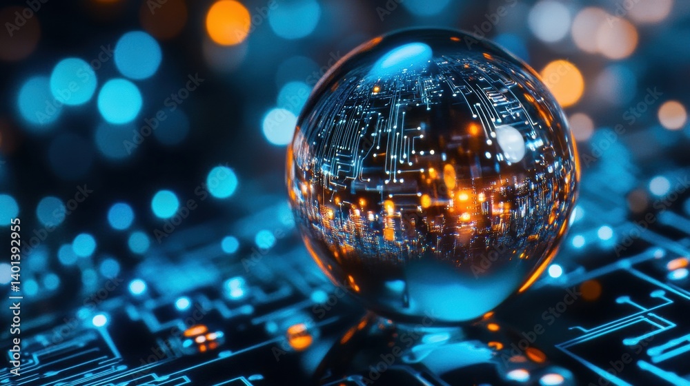 Poster Macro water droplet reflecting intricate digital circuits, showcasing the blend of nature and technology in a stunning visual display