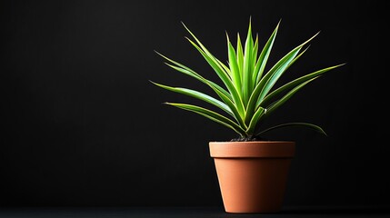 A potted yucca plant with green and yellow leaves against a dark background in a studio setting
