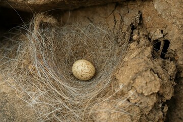Speckled Bird Egg in Natural Nest on Rock Closeup