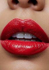 Obraz premium Close-up of Red Lips with Glossy Finish Beauty and Makeup Photography