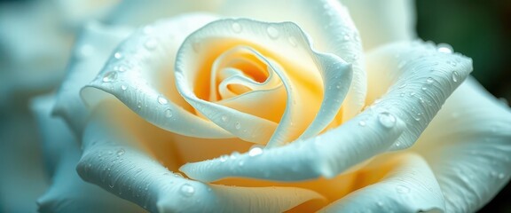 Obraz premium Delicate white rose petals, soft light, dew drops, petals, white rose, wedding