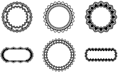 Black lace circular frames with decorative borders isolated on white background