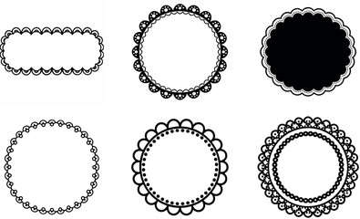 Black lace circular frames with decorative borders isolated on white background