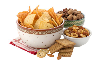 A snack bowl of crispy food isolated against a white background 