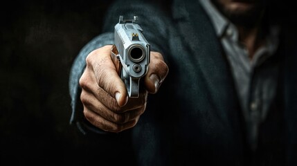 Hand holding gun aimed at camera