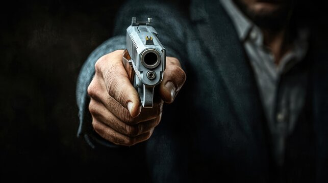 Hand holding gun aimed at camera