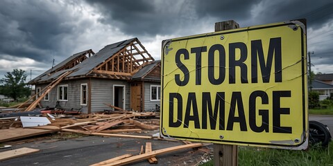 Storm-damaged house with caution sign, exposed roof, scattered debris, dramatic clouds, severe weather aftermath

