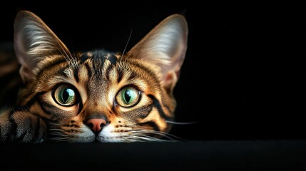 Obraz premium A close-up of a cat's face with green eyes and whiskers on its head