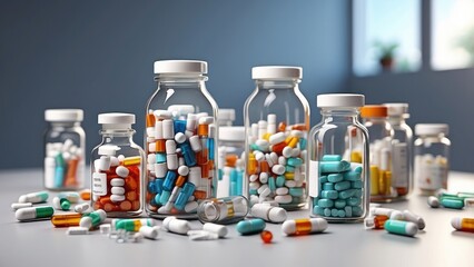 A collection of pharmaceutical products, including several glass vials filled with amber liquid