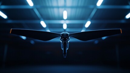 Futuristic drone with sleek design showcased under vibrant blue lighting.