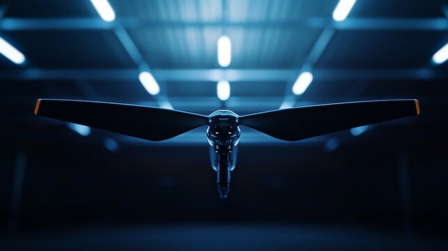 Futuristic drone with sleek design showcased under vibrant blue lighting.