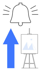 Bell with notification lines, blue arrow pointing up, and artboard with mountain graphics on easel. Ideal for growth, progress, success, creativity, awareness goals motivation. Flat simple metaphor