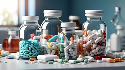 A collection of pharmaceutical products, including several glass vials filled with amber liquid