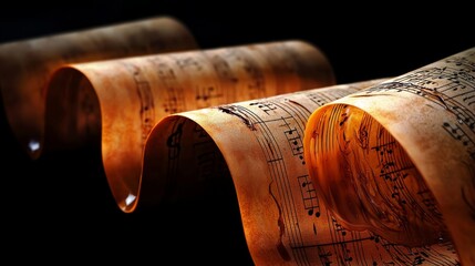 Illuminated sheet music rolls showcasing intricate musical notations.