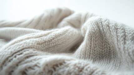 Close-up of a soft, cream-colored knitted fabric with a textured cable knit pattern.