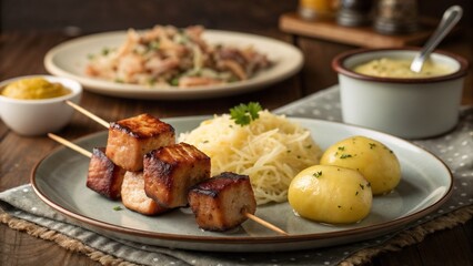Fototapeta premium Grilled pork skewers with cabbage and potatoes on rustic plate