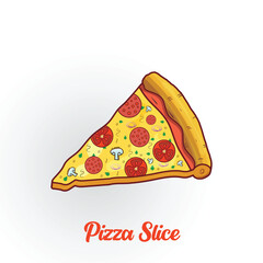 Slice of Cheese Pepperoni Pizza illustration isolated on white background. pizza slice with tomato, mushrooms, basil leaf, and melted cheese for pizzeria package and menu designs. Flat Vector