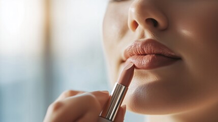 Woman applying nude lipstick in bright, natural light during the day at a well-lit indoor location