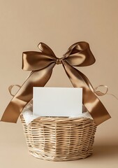 Elegant gift basket with empty card for text, wrapped in cellophane and tied at the top by satin ribbon