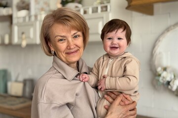 Happy senior woman with her granddaughter toddler at kitchen 
