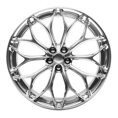 Sleek silver car wheel rim with intricate design on plain white background, isolated, high detail, automotive part