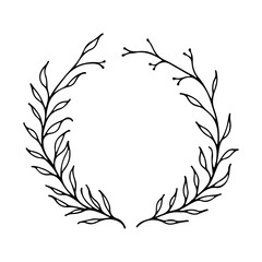 A minimalist botanical wreath composed of clean, hand-drawn lines and simple leafy branches arranged into a perfect circular shape.
