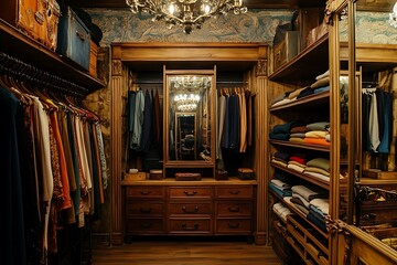 Luxury Walk-in Closet with Wooden Shelves, Stylish Storage, and Elegant Design.