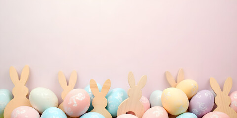Easter eggs, adorned with delicate swirls, bunny and subtle glitter against  gradient pastel background