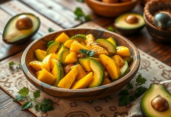 A warm and inviting table setting with a delicious Mango-Avocado Salad