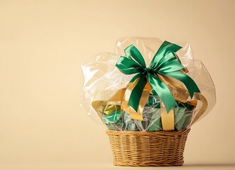 Elegant gift basket with green and gold items wrapped in cellophane, on a beige background