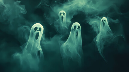 A scary ghostly mist pattern with eerie, transparent spirits floating in the night. Ghostly Patterns. Illustration