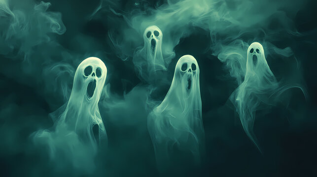 A scary ghostly mist pattern with eerie, transparent spirits floating in the night. Ghostly Patterns. Illustration