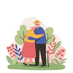 Elderly couple hugging in a garden surrounded by flowers  