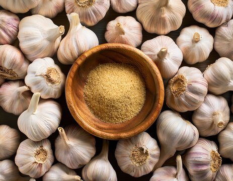 Top view of fresh garlic bulbs surrounding wooden bowl of garlic powder