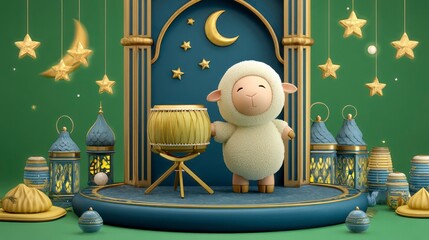 Cartoon Sheep Celebrating Eid Al-adha with Drum and Lanterns Decoration