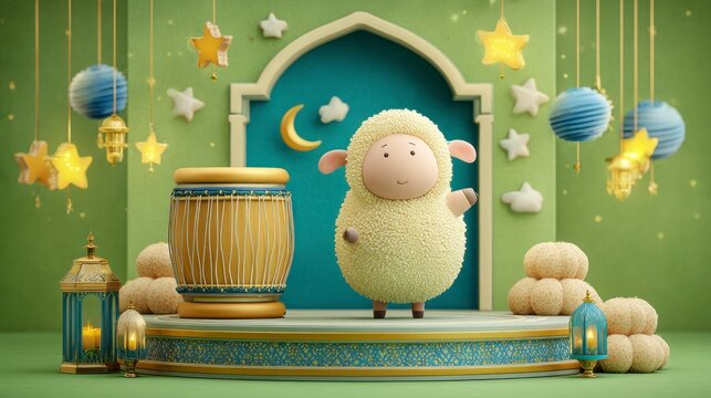 Cartoon Sheep Celebrating Eid Al-adha with Drum Lanterns and Stars