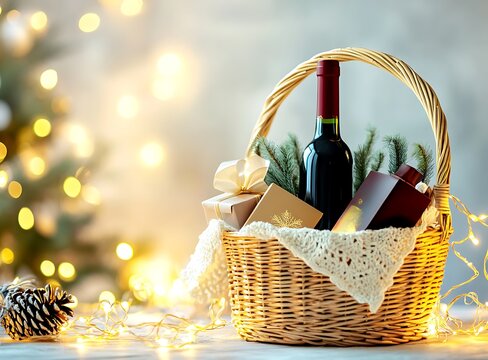 Elegant gift basket with various items against a light background with lights, space for text - Powered by Adobe
